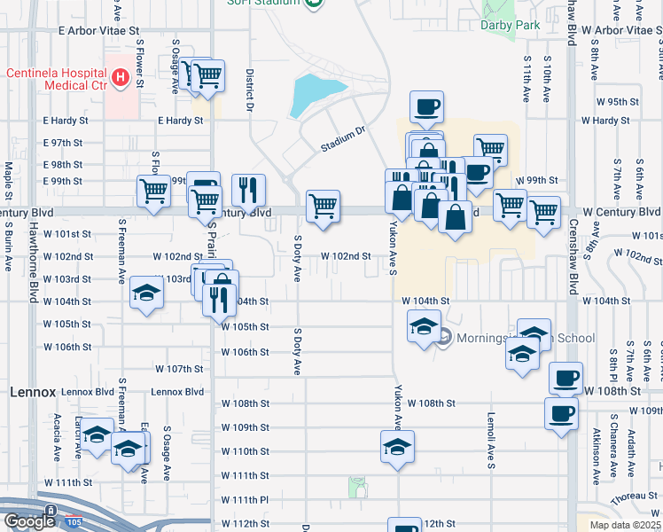 map of restaurants, bars, coffee shops, grocery stores, and more near 3710 West 102nd Street in Inglewood
