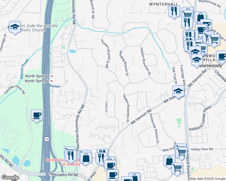map of restaurants, bars, coffee shops, grocery stores, and more near 6890 Hunters Trace Circle Northeast in Atlanta