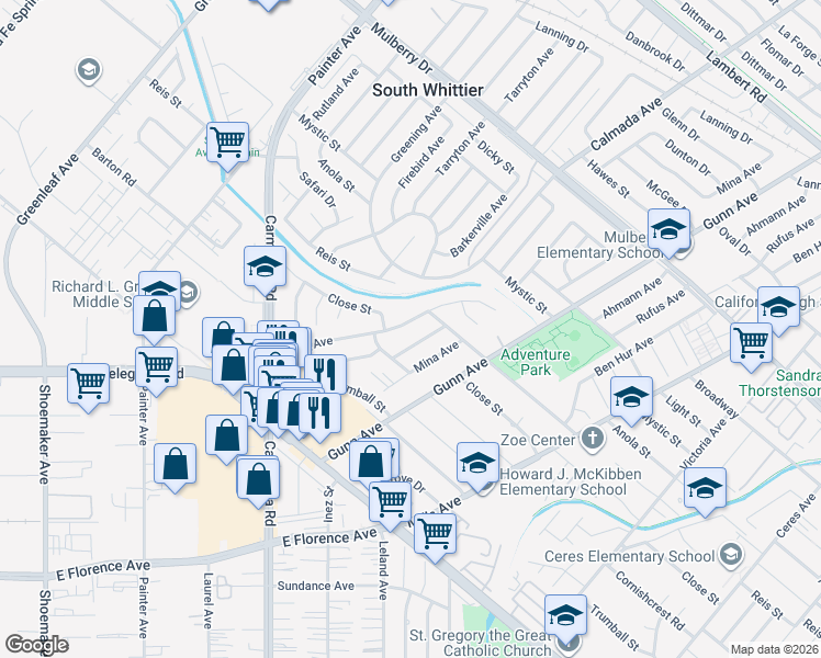 map of restaurants, bars, coffee shops, grocery stores, and more near 10126 Lanett Avenue in Whittier