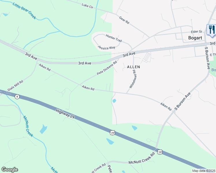 map of restaurants, bars, coffee shops, grocery stores, and more near 1320 Aiken Road in Bogart