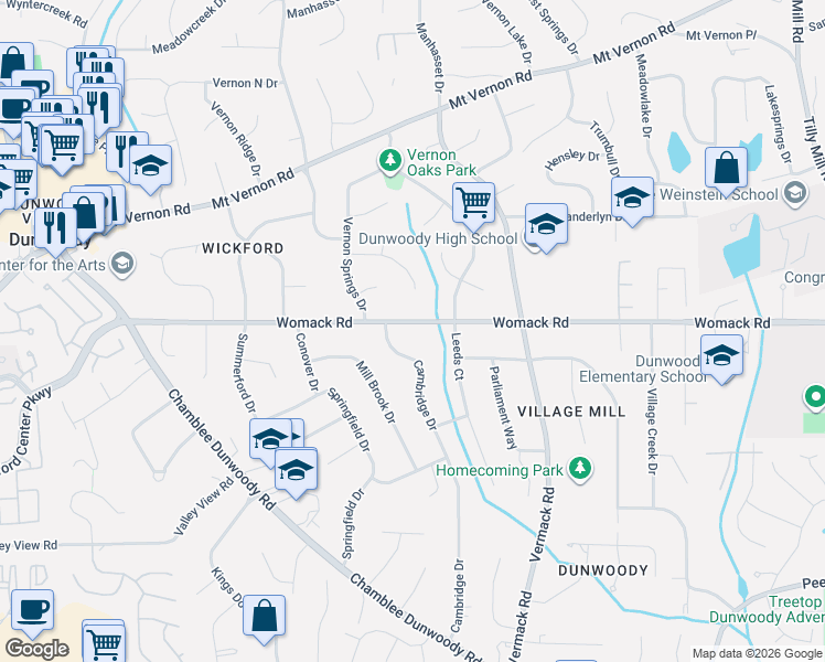 map of restaurants, bars, coffee shops, grocery stores, and more near 1641 Womack Road in Dunwoody
