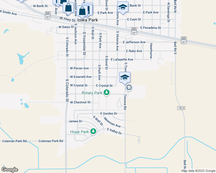 map of restaurants, bars, coffee shops, grocery stores, and more near 304 East Crystal Street in Iowa Park