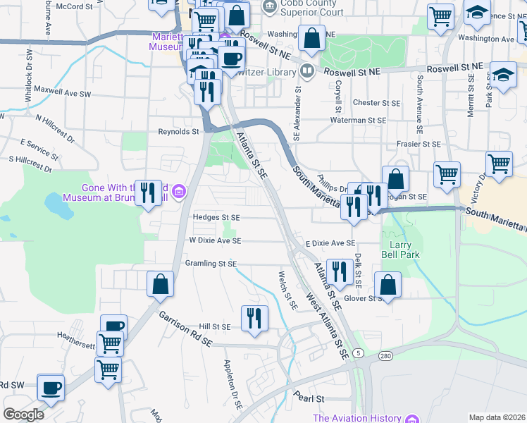 map of restaurants, bars, coffee shops, grocery stores, and more near 181 Hedges Street Southeast in Marietta