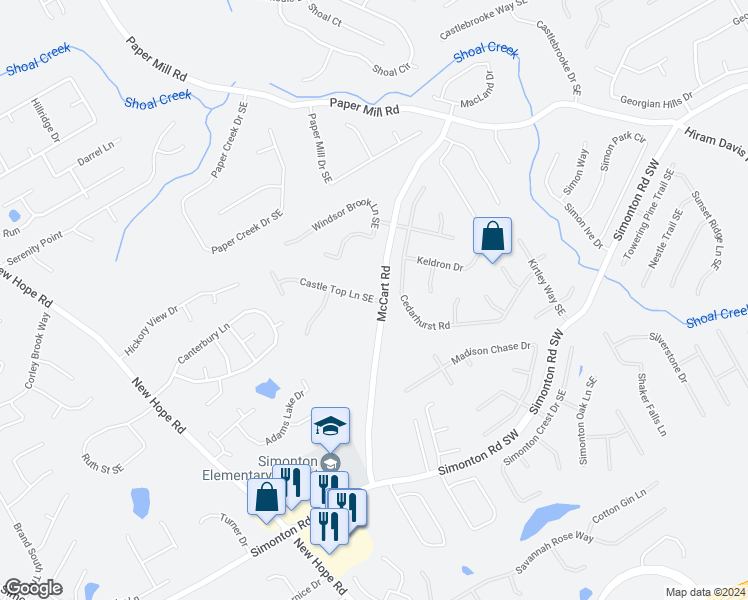map of restaurants, bars, coffee shops, grocery stores, and more near 483 Castle Top Lane Southeast in Lawrenceville