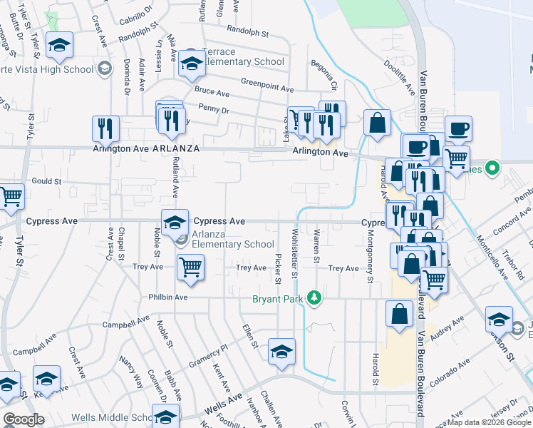 map of restaurants, bars, coffee shops, grocery stores, and more near 8395 Cypress Avenue in Riverside