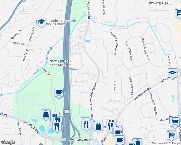 map of restaurants, bars, coffee shops, grocery stores, and more near 59 Winslow St in Sandy Springs