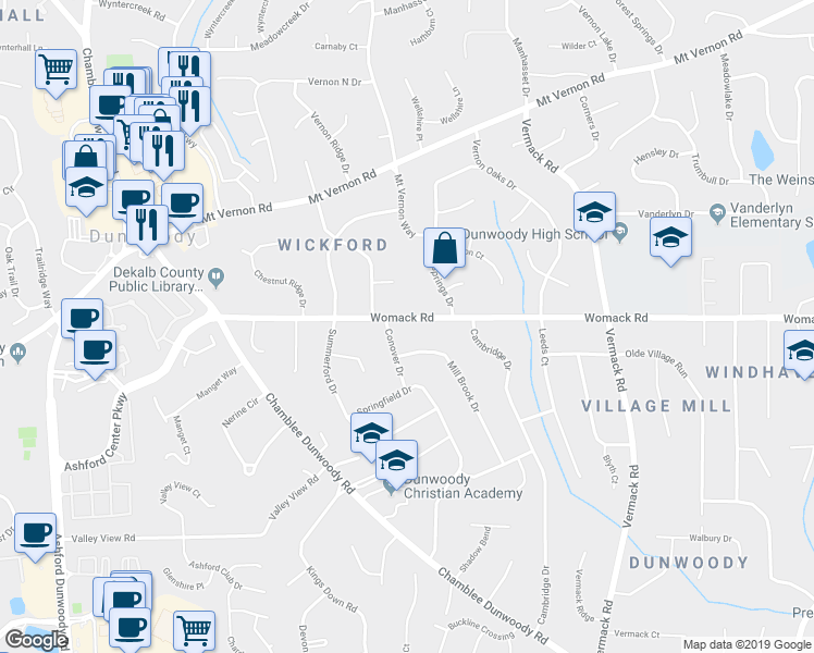 map of restaurants, bars, coffee shops, grocery stores, and more near 1567 Womack Road in Dunwoody