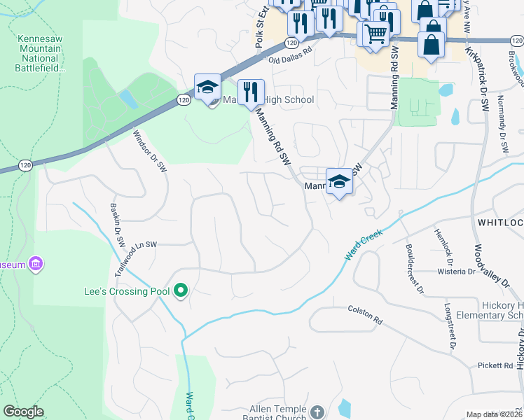 map of restaurants, bars, coffee shops, grocery stores, and more near 429 Rockford Pass Southwest in Marietta