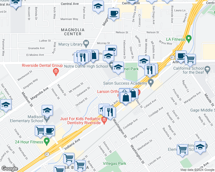 map of restaurants, bars, coffee shops, grocery stores, and more near 3592 Harding Street in Riverside