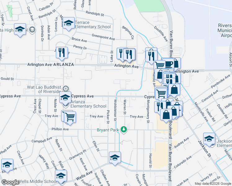 map of restaurants, bars, coffee shops, grocery stores, and more near 8233 Cypress Ave in Riverside