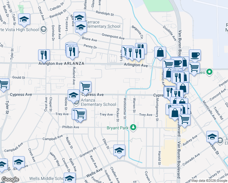 map of restaurants, bars, coffee shops, grocery stores, and more near 8395 Cypress Avenue in Riverside