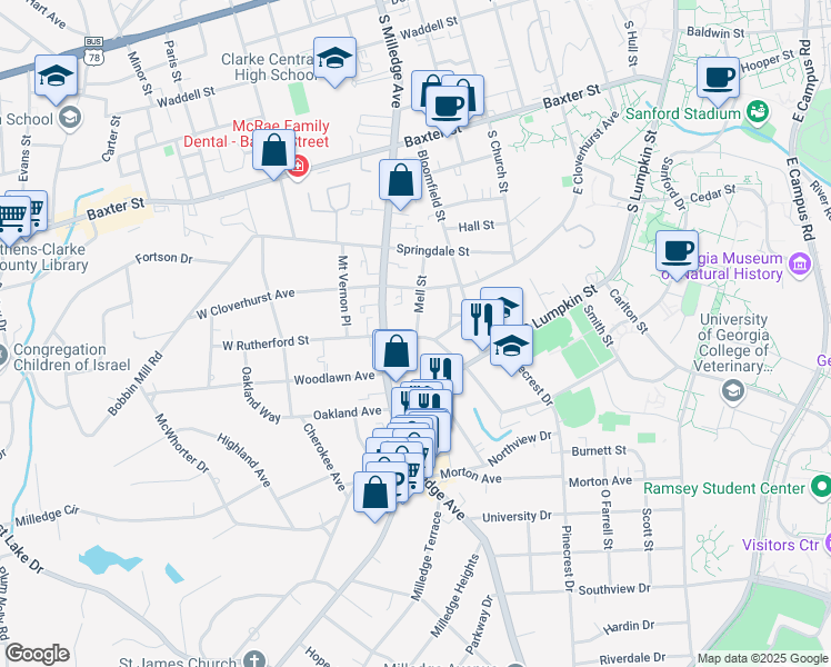 map of restaurants, bars, coffee shops, grocery stores, and more near 190 Mell Street in Athens