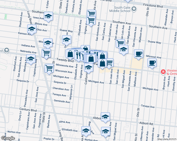map of restaurants, bars, coffee shops, grocery stores, and more near 10000 California Avenue in South Gate
