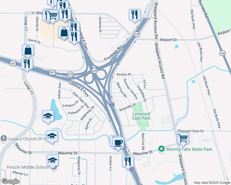 map of restaurants, bars, coffee shops, grocery stores, and more near 1806 Las Cruces Lane in Wichita Falls