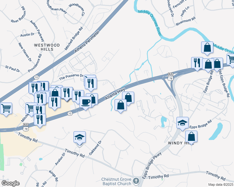 map of restaurants, bars, coffee shops, grocery stores, and more near 3065 Atlanta Highway in Athens