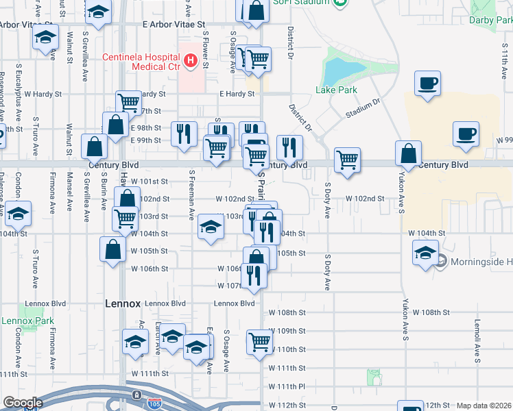 map of restaurants, bars, coffee shops, grocery stores, and more near 10205 South Prairie Avenue in Inglewood