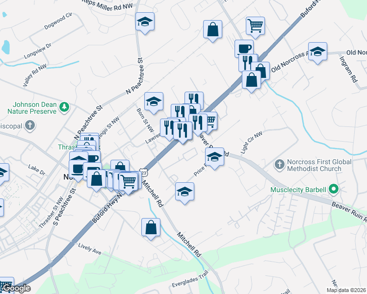 map of restaurants, bars, coffee shops, grocery stores, and more near 5530 Buford Highway in Norcross