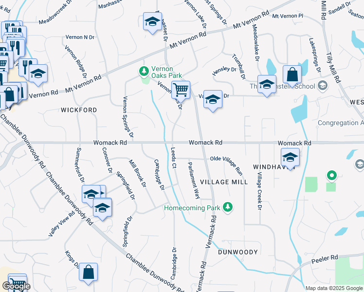map of restaurants, bars, coffee shops, grocery stores, and more near 1709 Womack Road in Dunwoody