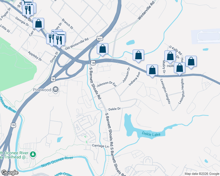map of restaurants, bars, coffee shops, grocery stores, and more near 210 Johnson Drive in Athens