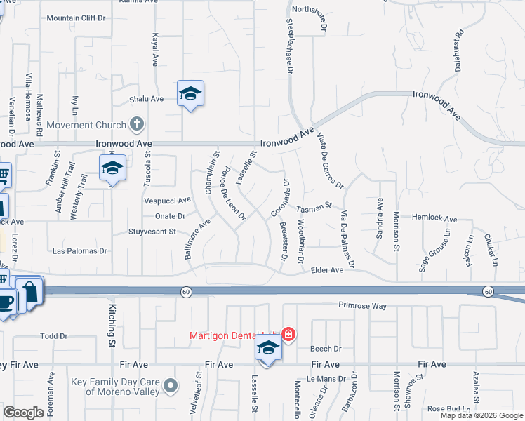 map of restaurants, bars, coffee shops, grocery stores, and more near 26011 Bridger Street in Moreno Valley