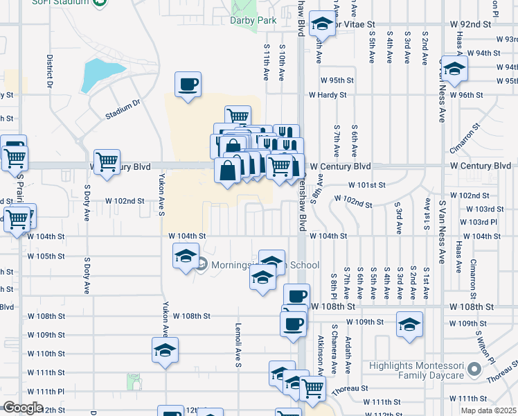 map of restaurants, bars, coffee shops, grocery stores, and more near 10201 Woodworth Avenue in Inglewood