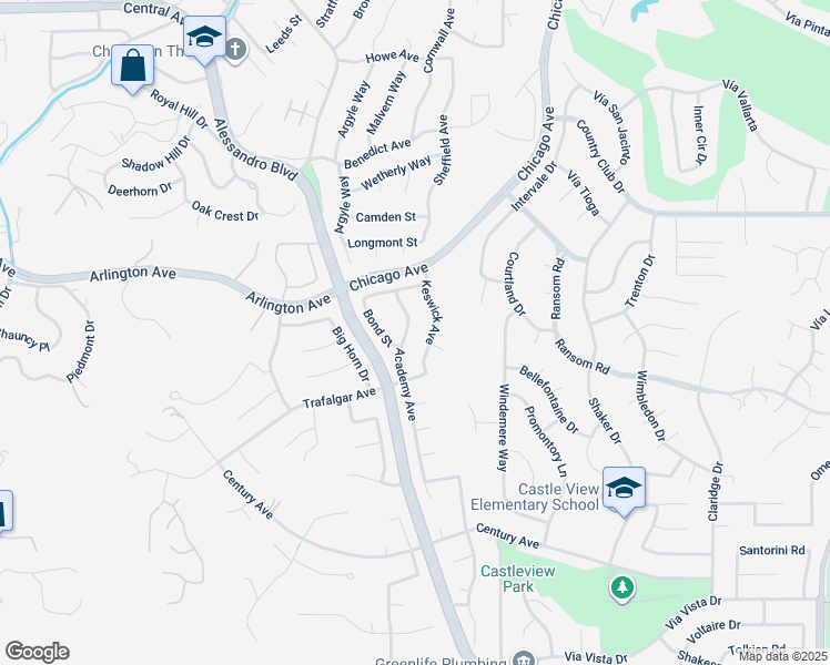 map of restaurants, bars, coffee shops, grocery stores, and more near 6032 Academy Avenue in Riverside