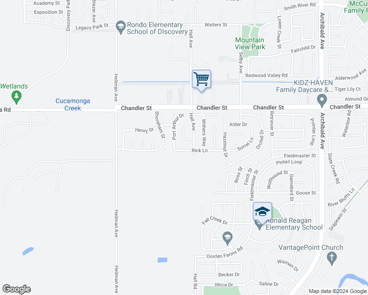map of restaurants, bars, coffee shops, grocery stores, and more near 14738 Rick Lane in Corona