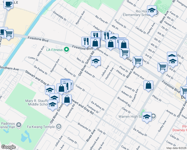 map of restaurants, bars, coffee shops, grocery stores, and more near 7509 Adwen Street in Downey