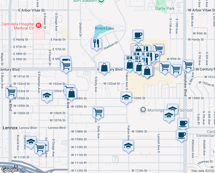 map of restaurants, bars, coffee shops, grocery stores, and more near 3714 West 102nd Street in Inglewood