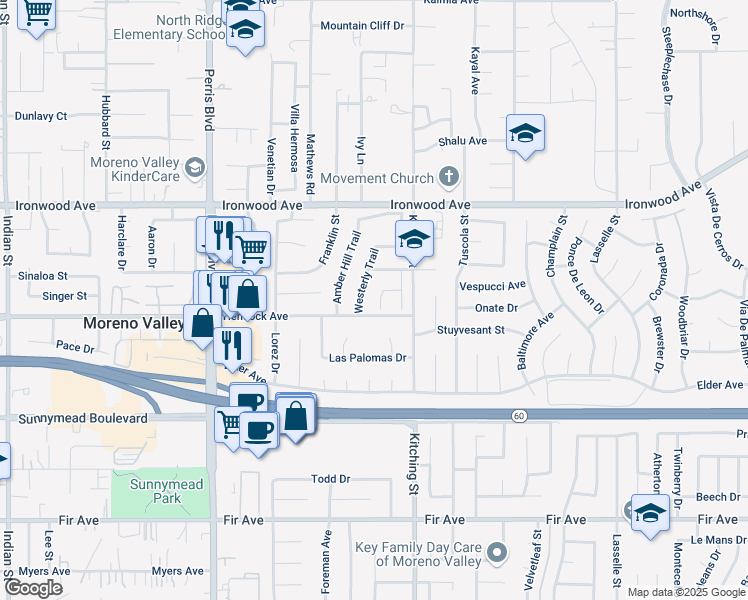 map of restaurants, bars, coffee shops, grocery stores, and more near 12202 Wind River Circle in Moreno Valley