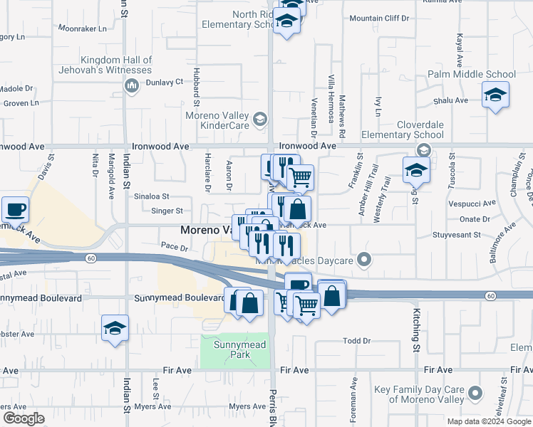 map of restaurants, bars, coffee shops, grocery stores, and more near 12220 Carnation Lane in Moreno Valley