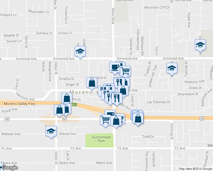 map of restaurants, bars, coffee shops, grocery stores, and more near 12198 Orchid Lane in Moreno Valley