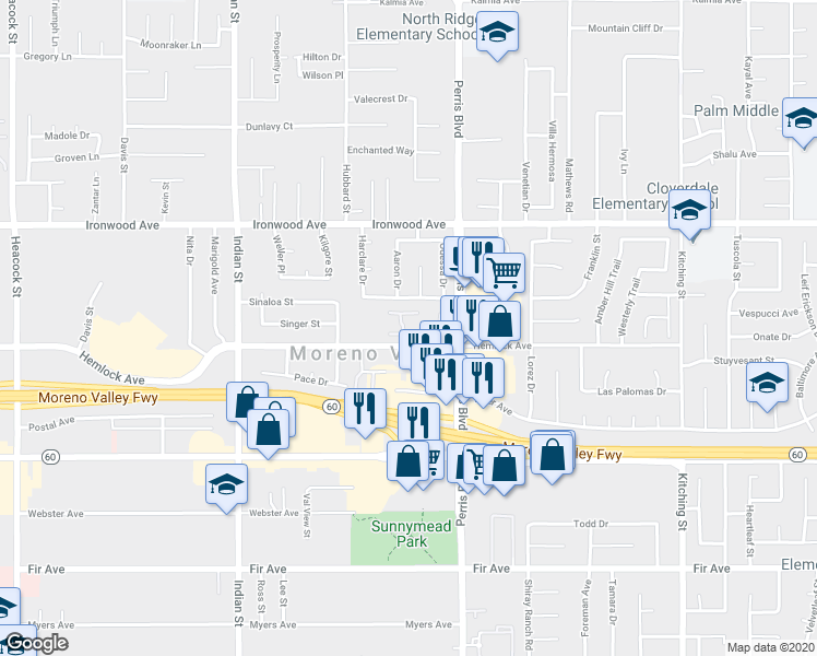 map of restaurants, bars, coffee shops, grocery stores, and more near 12198 Orchid Lane in Moreno Valley