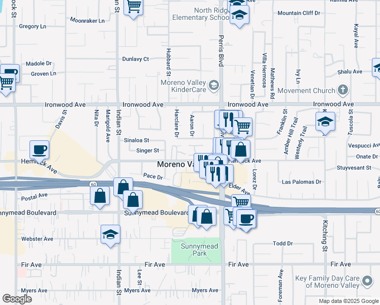 map of restaurants, bars, coffee shops, grocery stores, and more near 12201 Orchid Lane in Moreno Valley