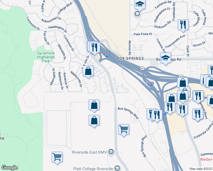 map of restaurants, bars, coffee shops, grocery stores, and more near 5925 Sycamore Canyon Boulevard in Riverside