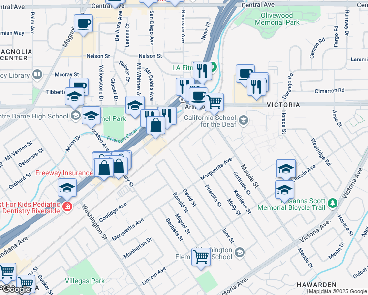 map of restaurants, bars, coffee shops, grocery stores, and more near 6667 Piccadilly Street in Riverside