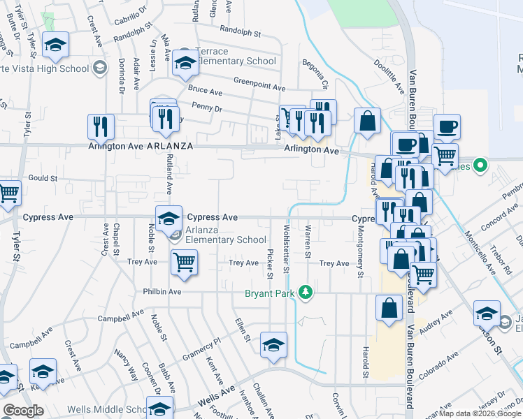 map of restaurants, bars, coffee shops, grocery stores, and more near 8395 Cypress Avenue in Riverside