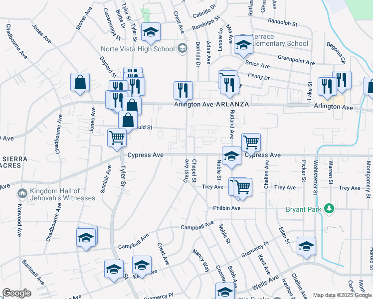 map of restaurants, bars, coffee shops, grocery stores, and more near 6053 Crest Avenue in Riverside