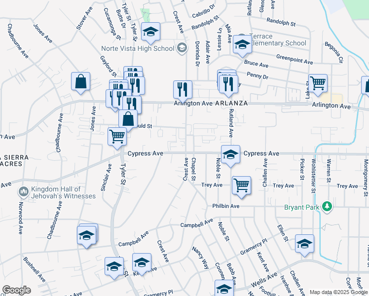 map of restaurants, bars, coffee shops, grocery stores, and more near 6053 Crest Avenue in Riverside
