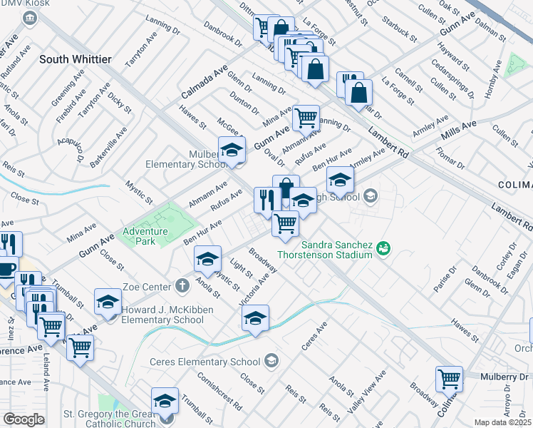 map of restaurants, bars, coffee shops, grocery stores, and more near 9 Dicky Street in Whittier