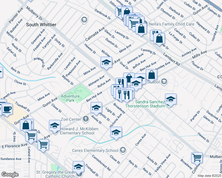 map of restaurants, bars, coffee shops, grocery stores, and more near 10035 Ben Hur Avenue in Whittier