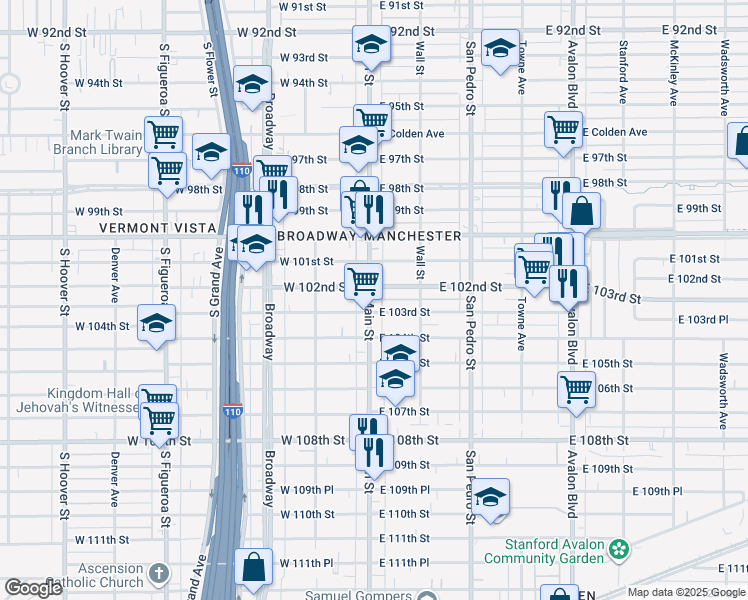 map of restaurants, bars, coffee shops, grocery stores, and more near 10206 South Main Street in Los Angeles