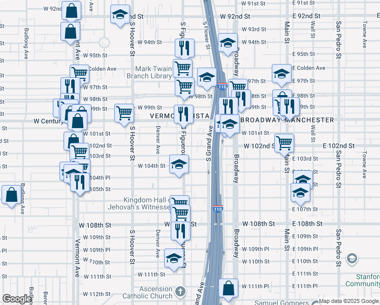 map of restaurants, bars, coffee shops, grocery stores, and more near 10207 South Figueroa Street in Los Angeles