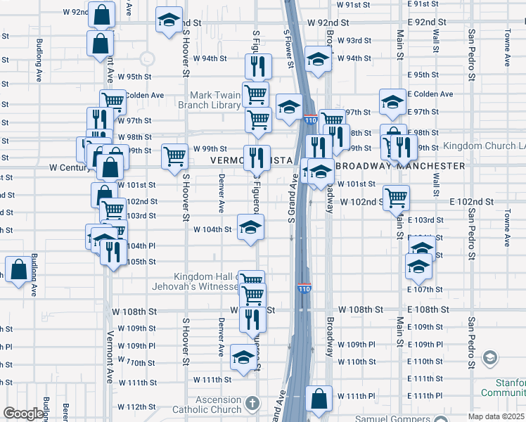 map of restaurants, bars, coffee shops, grocery stores, and more near 10207 South Figueroa Street in Los Angeles