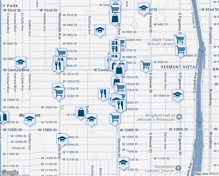 map of restaurants, bars, coffee shops, grocery stores, and more near 1029 West 103rd Street in Los Angeles