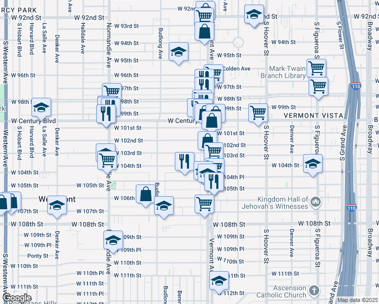 map of restaurants, bars, coffee shops, grocery stores, and more near 1029 West 103rd Street in Los Angeles