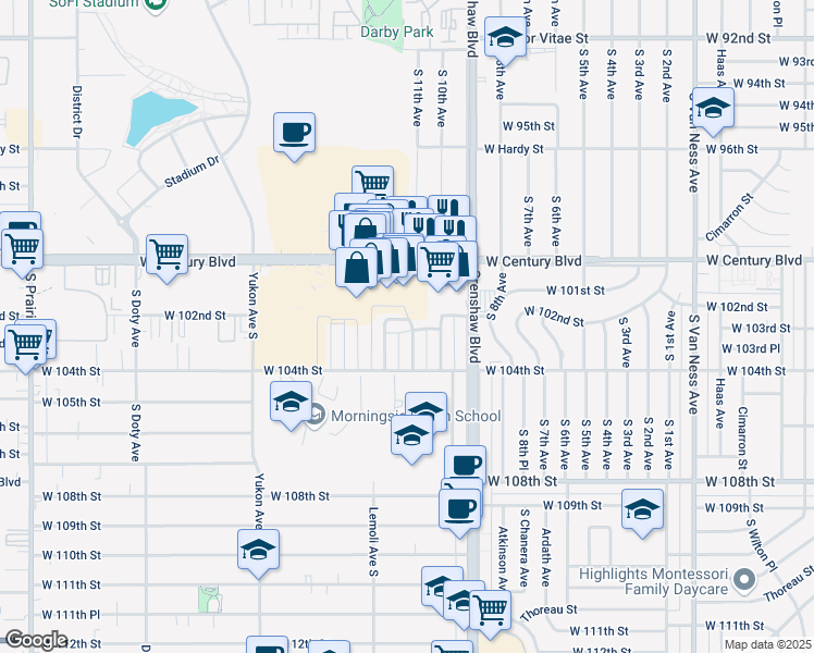 map of restaurants, bars, coffee shops, grocery stores, and more near 10201 Woodworth Avenue in Inglewood