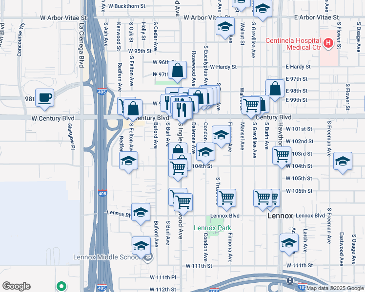 map of restaurants, bars, coffee shops, grocery stores, and more near 10205 Dalerose Avenue in Inglewood