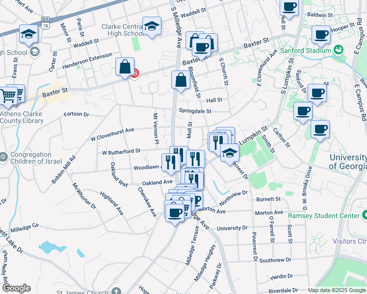 map of restaurants, bars, coffee shops, grocery stores, and more near 190 Mell Street in Athens