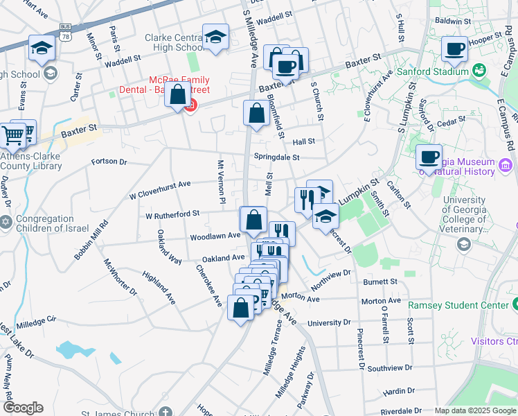 map of restaurants, bars, coffee shops, grocery stores, and more near 190 Mell Street in Athens